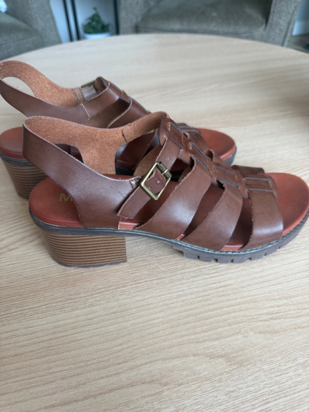 MIA Brown Leather-Look Woven Strappy Sandals Size 11 Block Heel